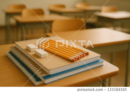 A clean stack of notebooks with sharpened pencils and erasers on a classroom desk, captured in warm natural light. Great for education visuals, school prep materials, or learning-focused designs. 133168385