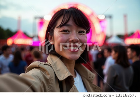 Smiling young woman enjoying festival evening lights 133168575