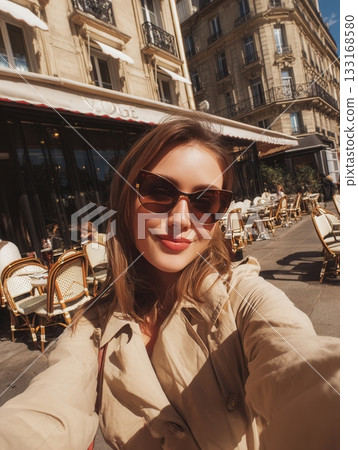Stylish woman in sunglasses taking a selfie outside a classic French cafe. Great for travel blogs, fashion stories, social media content, and lifestyle-themed visuals with European charm Stylish woman in sunglasses taking a selfie outside a classic French cafe. Great for travel blogs, fashion stories, social media content, and lifestyle-themed visuals with European charm 133168580