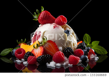 pink icecream with fresh fruits, rich high contrast photorealistic neural network generated image 133168669