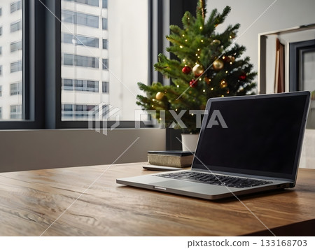 Desk life working by the window at Christmas 133168703