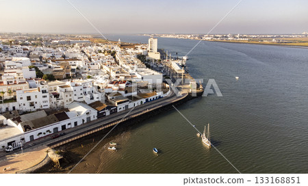 Aerial view of Rio Guadiana with Ayamonte in Spain  133168851