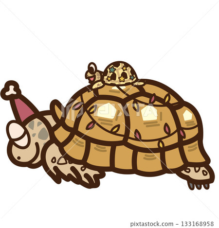Christmas: African Spurred Tortoise wearing a Santa hat and a Russian tortoise sitting on its shell 133168958