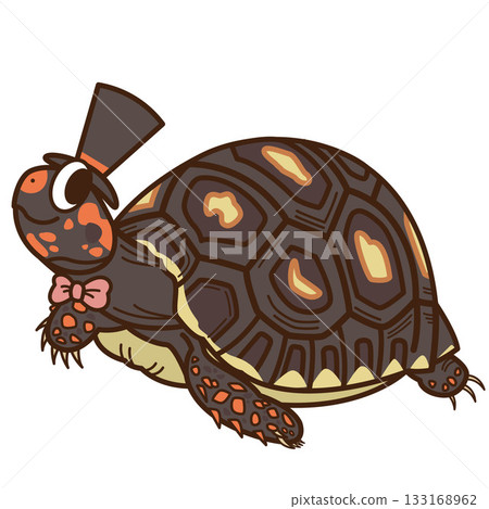 A red-footed tortoise dressed up in a bow tie and hat 133168962