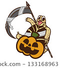 Russian tortoise riding a pumpkin and holding a sickle 133168963