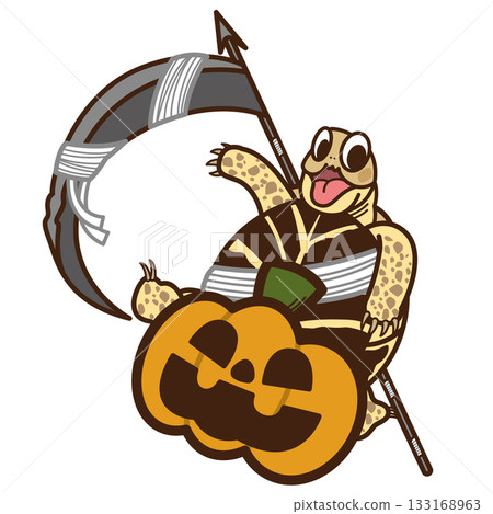 Russian tortoise riding a pumpkin and holding a sickle Russian tortoise riding a pumpkin and holding a sickle 133168963
