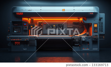 Advanced Industrial Control Panel with Illuminated Orange Interface and Digital Displays 133169713