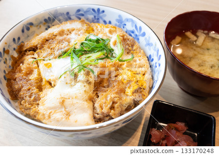 Delicious pork cutlet bowl and miso soup Delicious pork cutlet bowl and miso soup 133170248