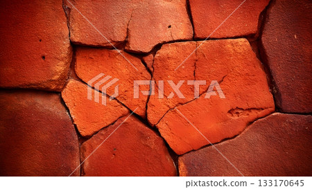 Close-up texture of rough masonry wall with polygonal stones in warm red and brown tones. An abstract background displaying cracks, jagged edges, and geological detail. AI Generated 133170645