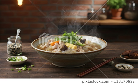 Steaming bowl of glass noodle soup with pork and vegetables on a dark wooden table. Asian comfort food concept in a cozy, rustic kitchen setting. AI Generated 133170652
