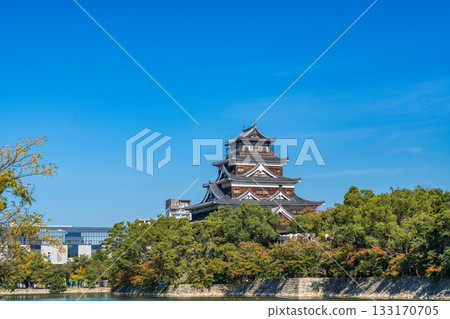 Hiroshima Castle Tower Shining Against the Blue Sky 133170705