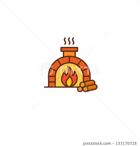 Outdoor icon depicting a stone oven with firewood and a warm flame, no background 133170728