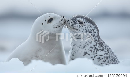 Two Seals Kiss on Snowy Ice in Arctic Winter Scene 133170994