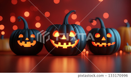 Three Glowing Jack-O'-Lanterns in a Festive Halloween Setting 133170996