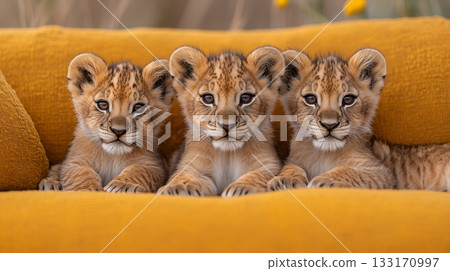 Three lion cubs sitting on yellow couch 133170997