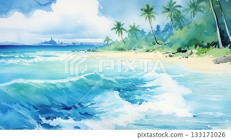 Watercolor tropical beach landscape 133171026