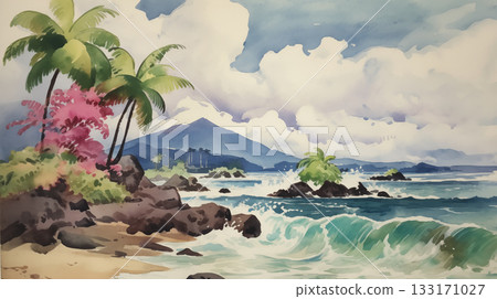 Tropical beach landscape with palm trees and waves 133171027