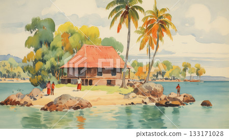 Watercolor landscape, tropical beach scene with a small house, palm trees, and figures Watercolor landscape, tropical beach scene with a small house, palm trees, and figures 133171028