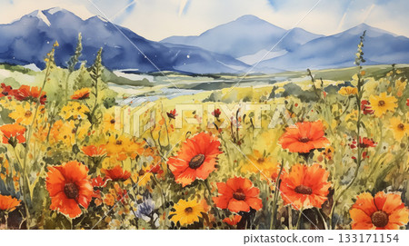 Watercolor summer landscape with red flowers and mountain view 133171154
