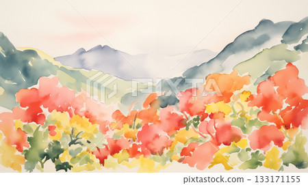 Watercolor mountain landscape with red and yellow flowers 133171155