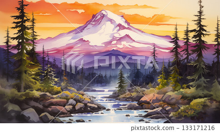 Watercolor mountains and forest landscape at sunset 133171216