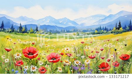 Watercolor mountain meadow summer landscape 133171217