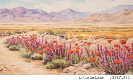 Watercolor mountain landscape with wildflowers, warm tones 133171222