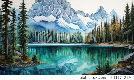 Watercolor mountains, forest and lake landscape Watercolor mountains, forest and lake landscape 133171239