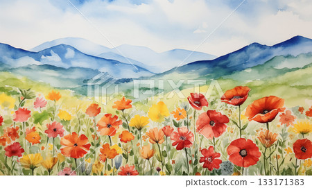 Watercolor landscape with poppy field and mountains 133171383