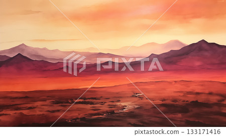 Watercolor sunset over distant mountains 133171416