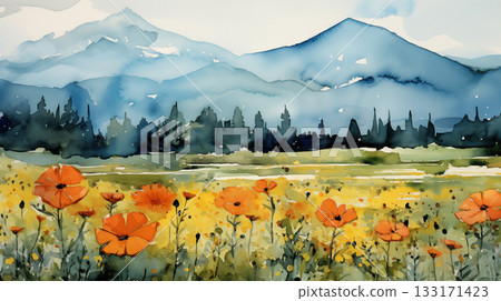 Watercolor mountain landscape with flowers Watercolor mountain landscape with flowers 133171423