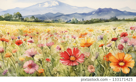 Watercolor mountain wildflower meadow landscape 133171425