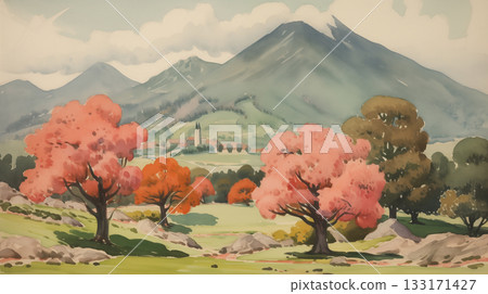Watercolor mountain landscape with pink trees 133171427