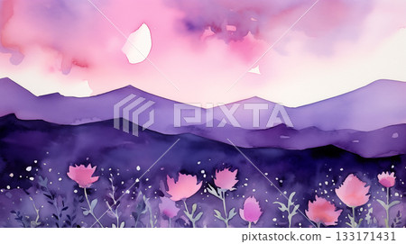 Watercolor mountain sunset, purple and pink shades 133171431