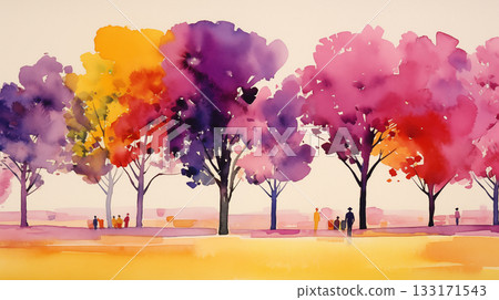 Minimalist watercolor painting of a vibrant landscape with colorful trees 133171543