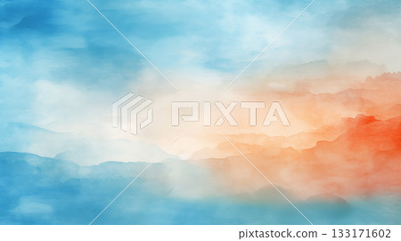 Minimalist watercolor painting depicts a serene mountain landscape 133171602