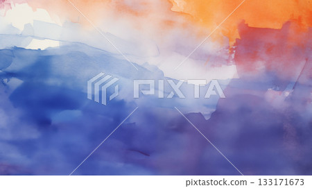 Watercolor minimalist sunset landscape. The sky is painted in shades of orange, pink, and blue 133171673
