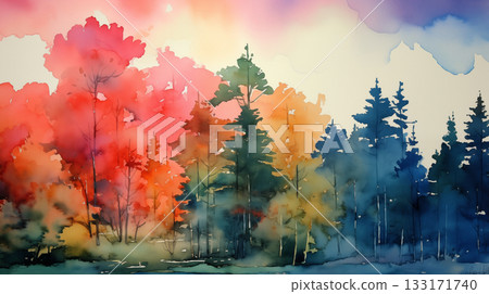 Watercolor painting of a forest scene with trees in various shades of red, orange, yellow, and blue 133171740
