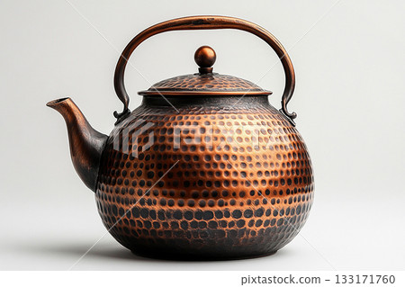Antique store. Metal vintage teapot in classic style. Food rustic kitchenware. 133171760