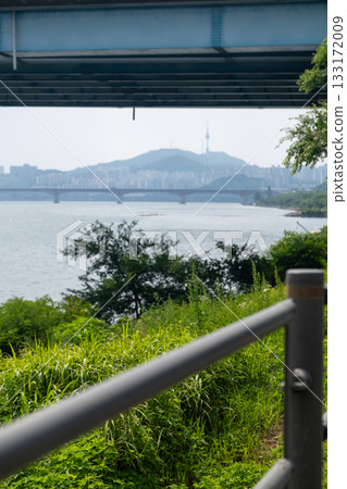 View of N Seoul Tower with Han river on the fore ground, in Seoul, South Korea 133172009