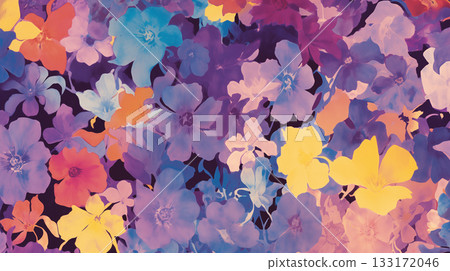 Vibrant watercolor painting of a variety of flowers in shades of purple, blue, pink, yellow, and red 133172046