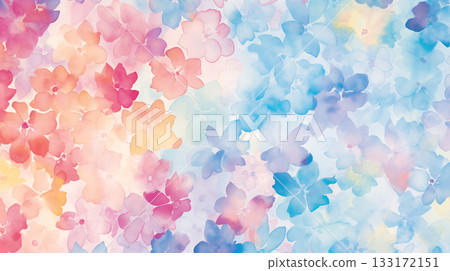 Watercolor background with a pattern of pink, orange, yellow, and blue flowers 133172151