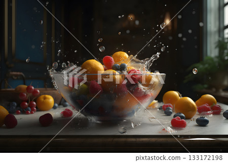 fresh fruit splashing in a bowl with cinematic light, neural network generated image 133172198