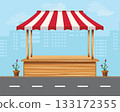 Wooden market stall in the front style is located along the road amidst the vast capital city. 133172355