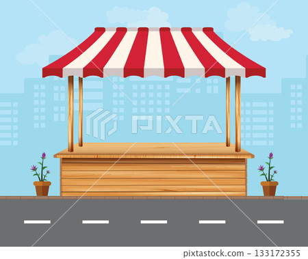 Wooden market stall in the front style is located along the road amidst the vast capital city. Wooden market stall in the front style is located along the road amidst the vast capital city. 133172355