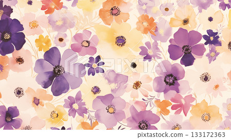 Watercolor painting colorful flowers in shades of purple, pink, orange, and yellow 133172363