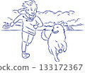 男孩和狗快樂奔跑的線條畫插圖 133172367