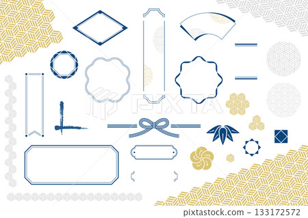 A set of title and heading frames with Japanese patterns that can be used for web design and advertising. A set of Japanese-style decorative frames and line decorations. 133172572