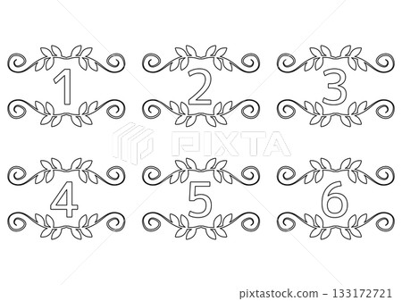 精美裝飾邊框數字 - 一組線條畫數字(1-6),飾以樹葉和漩渦圖案 精美裝飾邊框數字 - 一組線條畫數字(1-6),飾以樹葉和漩渦圖案 133172721