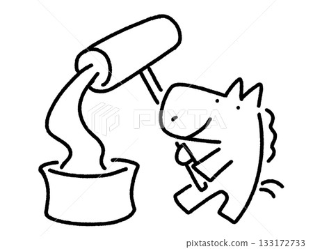 Cute horse pounding rice cakes with a mortar and pestle. New Year's material. Hand-drawn. Monochrome. Cute horse pounding rice cakes with a mortar and pestle. New Year's material. Hand-drawn. Monochrome. 133172733